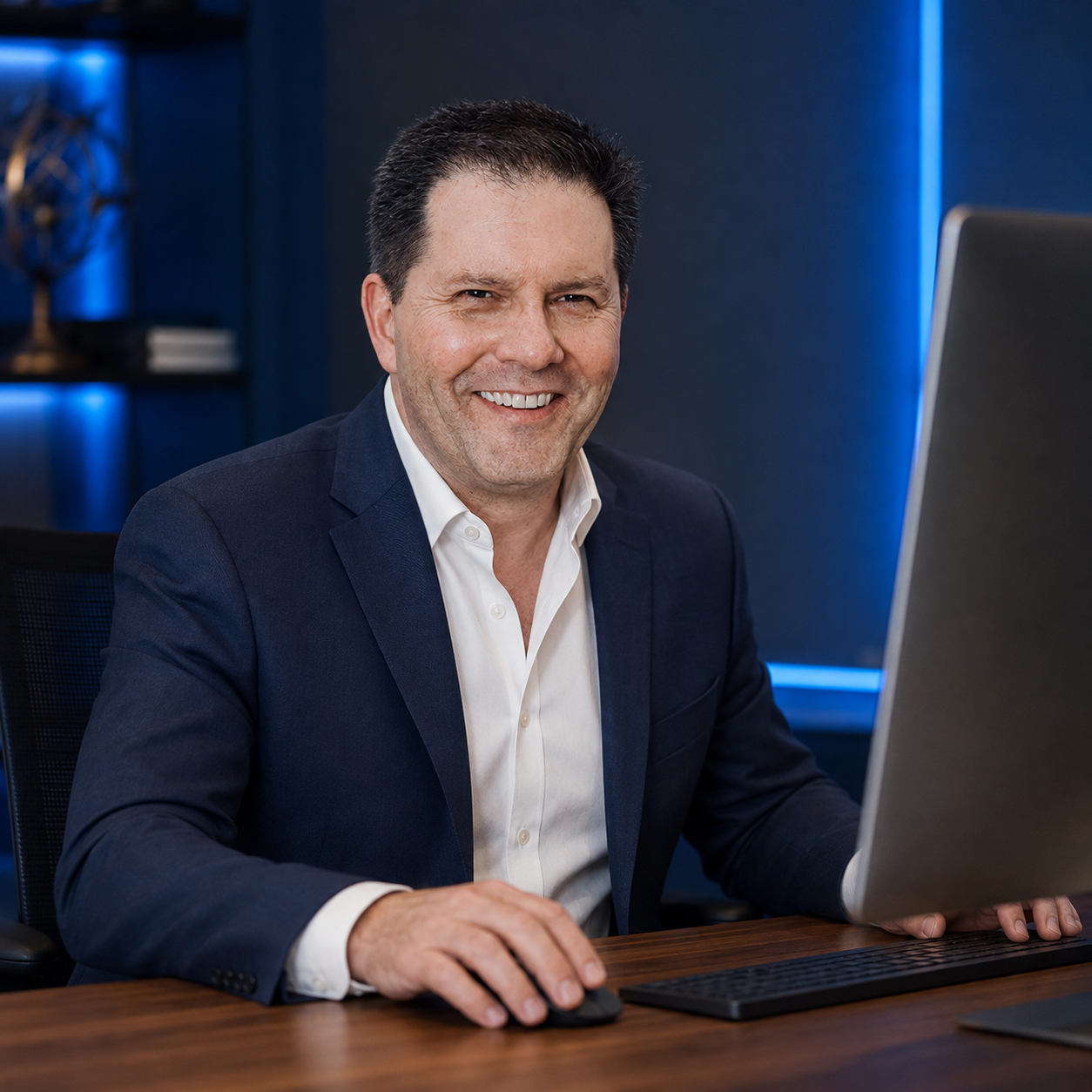 Ken Walls at his computer, wearing a dark jacket and white shirt